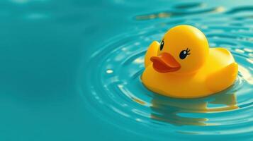 Bright yellow rubber duck floats gently on calm blue water in a serene setting during daylight hours photo
