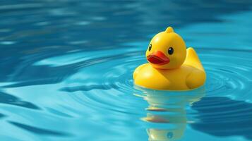 Yellow rubber duck floats calmly in a blue swimming pool on a sunny day in summer photo