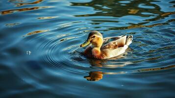 Duck swimming gracefully in a serene pond under the evening sun photo