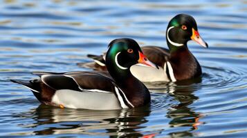 Colorful ducks swimming gracefully in a serene lake during a sunny afternoon photo