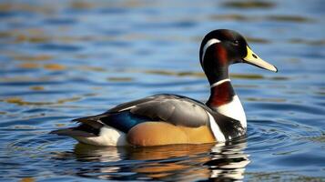 Male duck swimming in clear water at a serene lakeside during a sunny afternoon in early spring photo