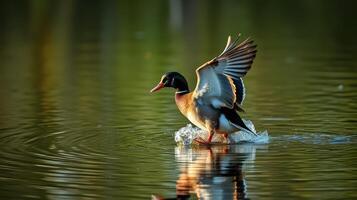 Bird spreads wings while wading in serene water during golden hour at a tranquil pond photo