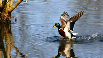 Mallard duck takes flight from a serene pond in the early morning light photo