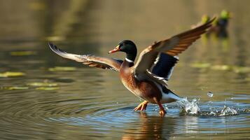 Duck flapping wings and landing on tranquil water at early morning in a serene natural setting photo