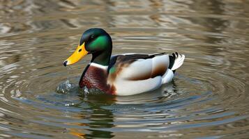 Mallard duck swimming in calm waters during a sunny day in a natural park setting photo