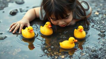 Child enjoys playing in a puddle with yellow rubber ducks on a rainy day outdoors photo