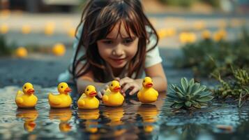 Child plays with yellow rubber ducks in a puddle on a sunny day in a park photo
