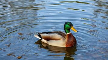 Mallard duck swimming peacefully in a serene pond surrounded by rippling water under bright sunlight photo