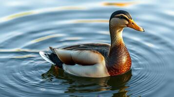 Duck swimming gracefully on a serene lake during a bright sunny day photo