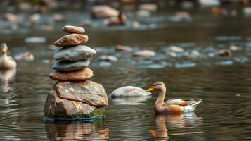 Ducks swimming near a stone stack in a tranquil pond during a sunny afternoon photo