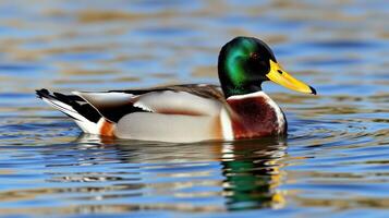 Colorful mallard duck gliding across calm water in natural habitat during sunny afternoon photo