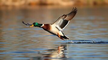 Mallard duck takes flight over shimmering water at dawn in a tranquil natural setting photo