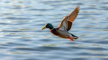 Ducks flying gracefully over calm water in natural setting during sunrise photo
