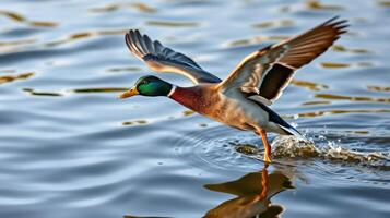 Mallard duck taking off from calm water as sunlight glistens over the surface during early morning hours photo