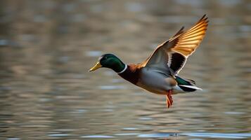Mallard duck gracefully takes flight over still water in soft morning light photo