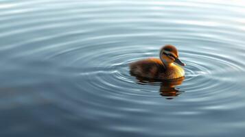 Duckling swims in gentle ripples of a serene lake during early morning light surrounded by tranquility photo