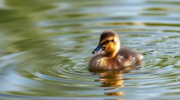 Duckling swimming in a calm pond surrounded by lush greenery on a sunny day photo