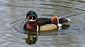 Brightly colored wood duck gliding on calm water showcasing its vibrant plumage in a serene natural setting photo