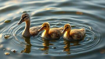 Ducks with ducklings swimming peacefully in a serene pond during golden hour light photo