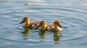 Three ducklings swim together in a serene pond surrounded by gentle ripples in the early morning light photo