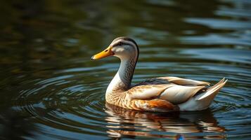 Duck swimming serenely in a tranquil pond reflecting golden sunlight during a warm afternoon photo