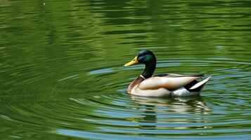 Male mallard duck swimming in a serene pond surrounded by lush greenery photo