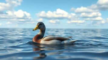Duck swimming calmly on a clear lake under a bright blue sky filled with fluffy clouds photo
