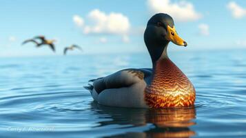 Mallard duck swimming gracefully in serene water under a clear blue sky with clouds at midday photo