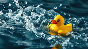 Bright yellow rubber duck floats on sparkling water creating small splashes in a serene environment during daylight photo