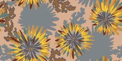 a pattern with yellow and brown flowers on a tan background vector