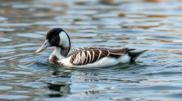 Beautiful duck gracefully swimming in shimmering water during a sunny afternoon photo