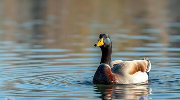 Mallard duck swimming gracefully in a serene lake at dawn with calm waters reflecting the surroundings photo