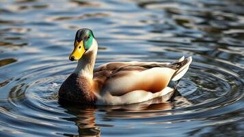 Colorful mallard duck swimming gracefully in a serene pond during the early morning light photo