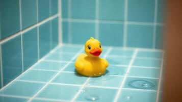 Yellow rubber duck floats in a blue tiled bathtub surrounded by splashes of water photo