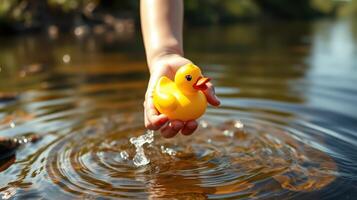 Child plays with a yellow rubber duck in a calm pond surrounded by greenery on a sunny day photo