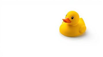 Bright yellow rubber duck on a white surface for playful decoration or bath time fun photo