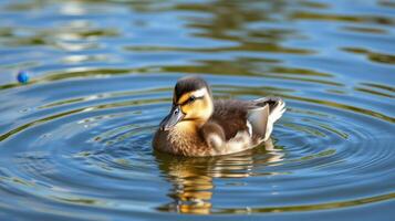Duckling swimming in clear water creating ripples under a bright sun photo