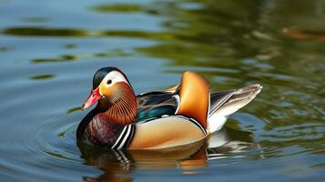 Colorful mandarin duck swimming in tranquil water with ripples reflecting sunlight in a serene natural setting photo