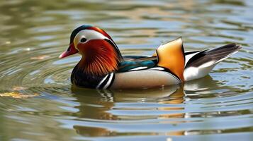 Mandarin duck swimming in a serene pond surrounded by rippling water on a sunny day photo