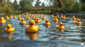 Yellow rubber ducks floating peacefully in a serene river during a sunny day photo