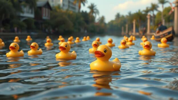 Dozens of yellow rubber ducks floating in a tranquil waterways, surrounded by palm trees and houses during sunset photo