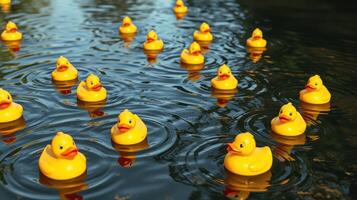 Yellow rubber ducks floating happily on a tranquil pond surrounded by rippling water in the afternoon light photo
