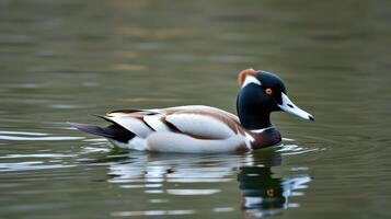 Beautiful swimming duck with striking colors in a calm pond during daylight hours photo