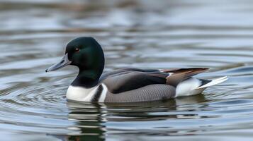 Pond habitat features a male duck swimming gracefully in calm waters during early morning light photo