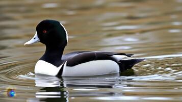 Breathtaking male tufted duck gliding effortlessly on a tranquil pond during a sunny afternoon photo