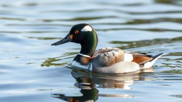 Swimming duck with distinctive markings gliding across a calm lake during daylight hours photo