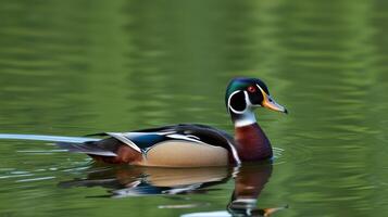 Colorful wood duck gracefully swimming in a serene pond surrounded by lush greenery during a sunny afternoon photo