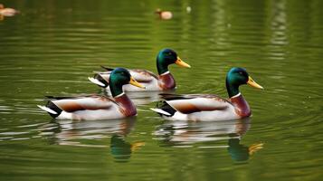 Ducks swim gracefully on a serene pond surrounded by lush greenery during a calm, sunny afternoon photo