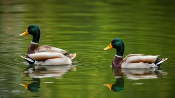 Ducks swim peacefully in a serene pond surrounded by lush greenery during calm daylight hours photo