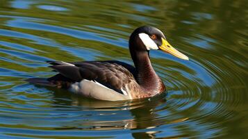 Duck swims gracefully in a serene pond surrounded by lush greenery during a sunny day photo